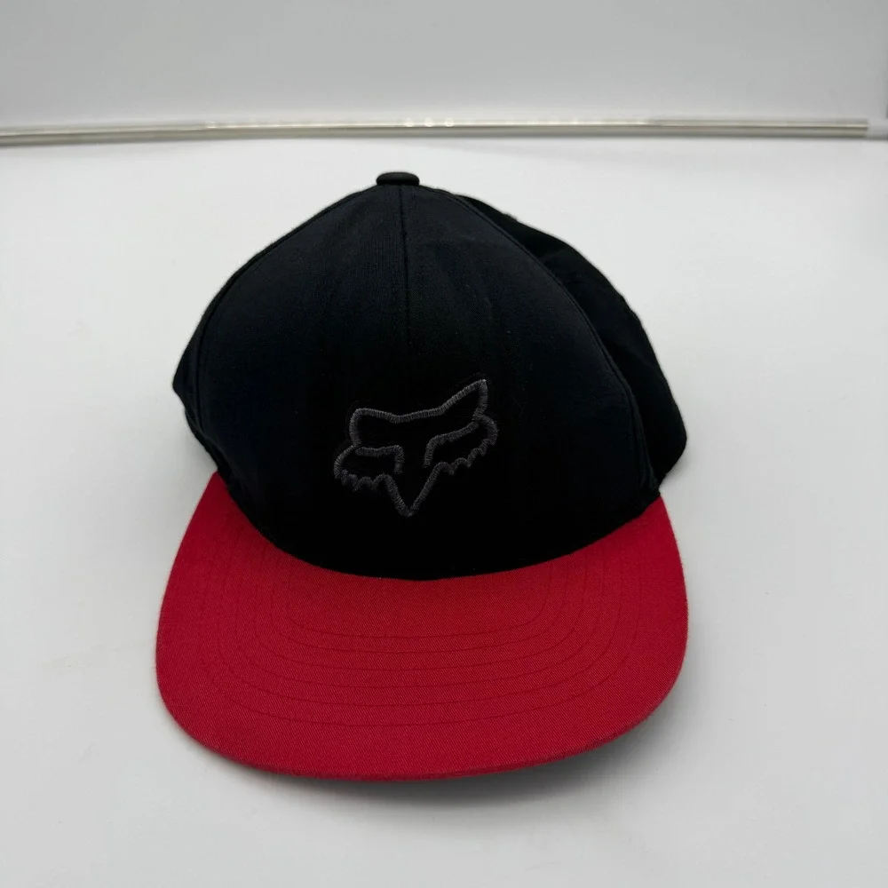 Fox Racing Snapback Hat Black Red Fox Head Logo Embroidered Flat Brim OSFA Cap